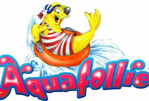 Logo Aquafollie, the family water park, con mascotte in costume