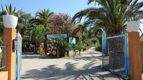 Ingresso del Camping Reale tra palme e fioriture